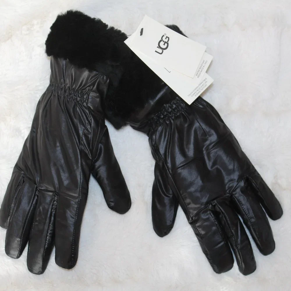 NWT UGG‎ WOMEN'S SHEARLING TRIMMED GLOVES BLACK